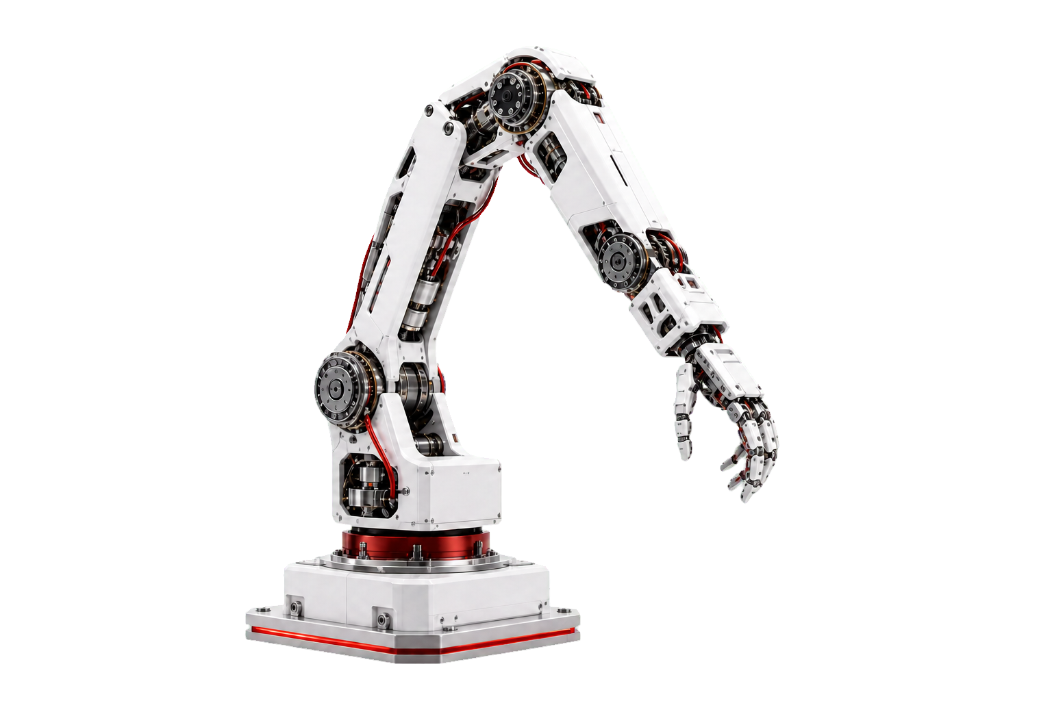 A complete robotic arm from its shoulder base to an attached articulated hand